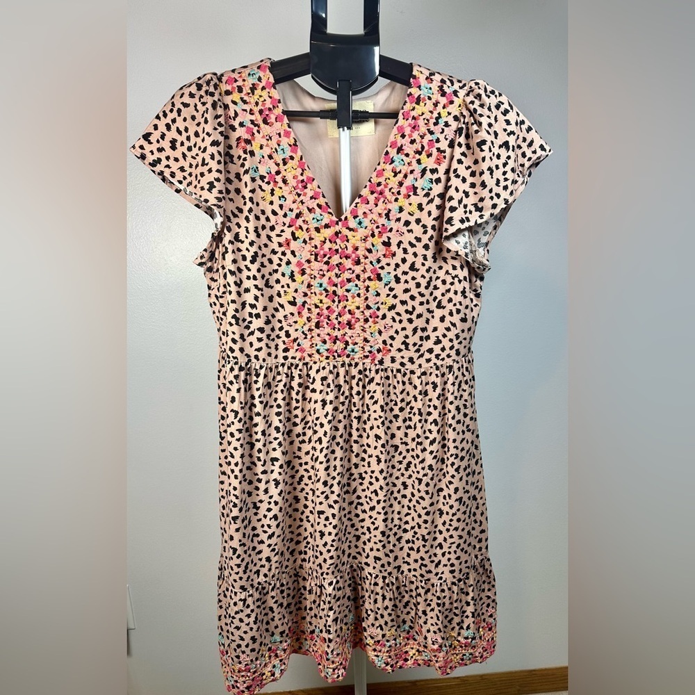 Savanna Jane Pink with Black Leopard Print Embroidered Dress Ruffled Size Medium